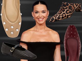 Fashion collage featuring Katy Perry and styles from her shoe collection, including neutral rhinestone flats, leopard-print mule heels, woven black Mary Jane flats, and burgundy studded slingback flats.