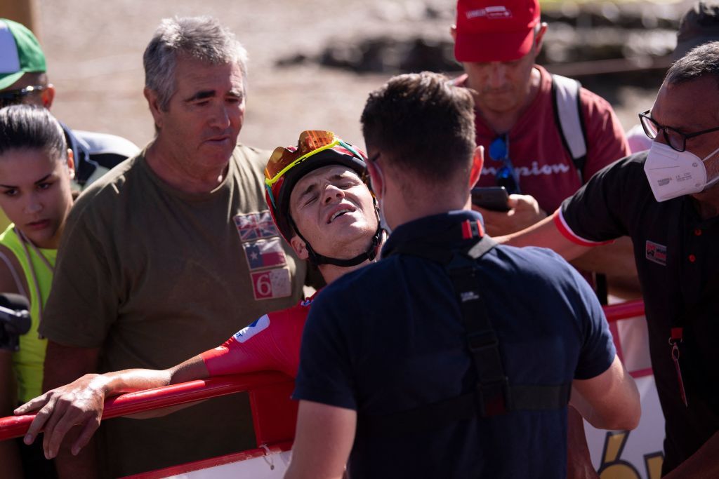 Team Quick Steps Belgian rider Remco Evenepoel wearing the overall leaders red jersey reacts after crossing the finish line during the 15th stage of the 2022 La Vuelta cycling tour of Spain a 153 km race from Martos to the Alto Hoya de la Mora of the Sierra Nevada in Monachil on September 4 2022 Photo by JORGE GUERRERO AFP Photo by JORGE GUERREROAFP via Getty Images