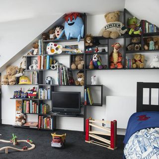 children bedroom with storage shelves