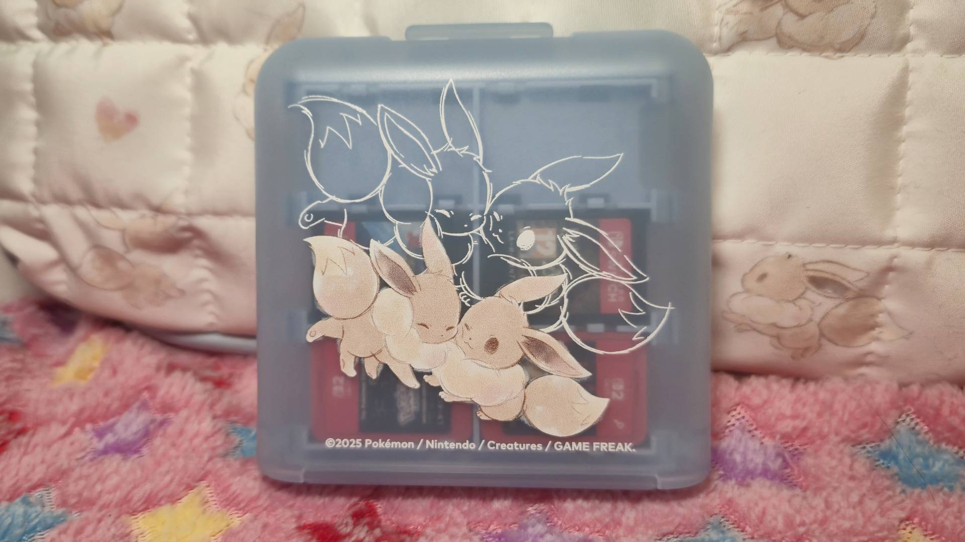 Close up of the Eevee Cottage Core Switch 2 game card case.