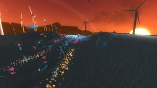 Relaxing PC games — In Flower, the player-controlled gust of wind and petals flows over a field at sunset, as distant windmills loom.