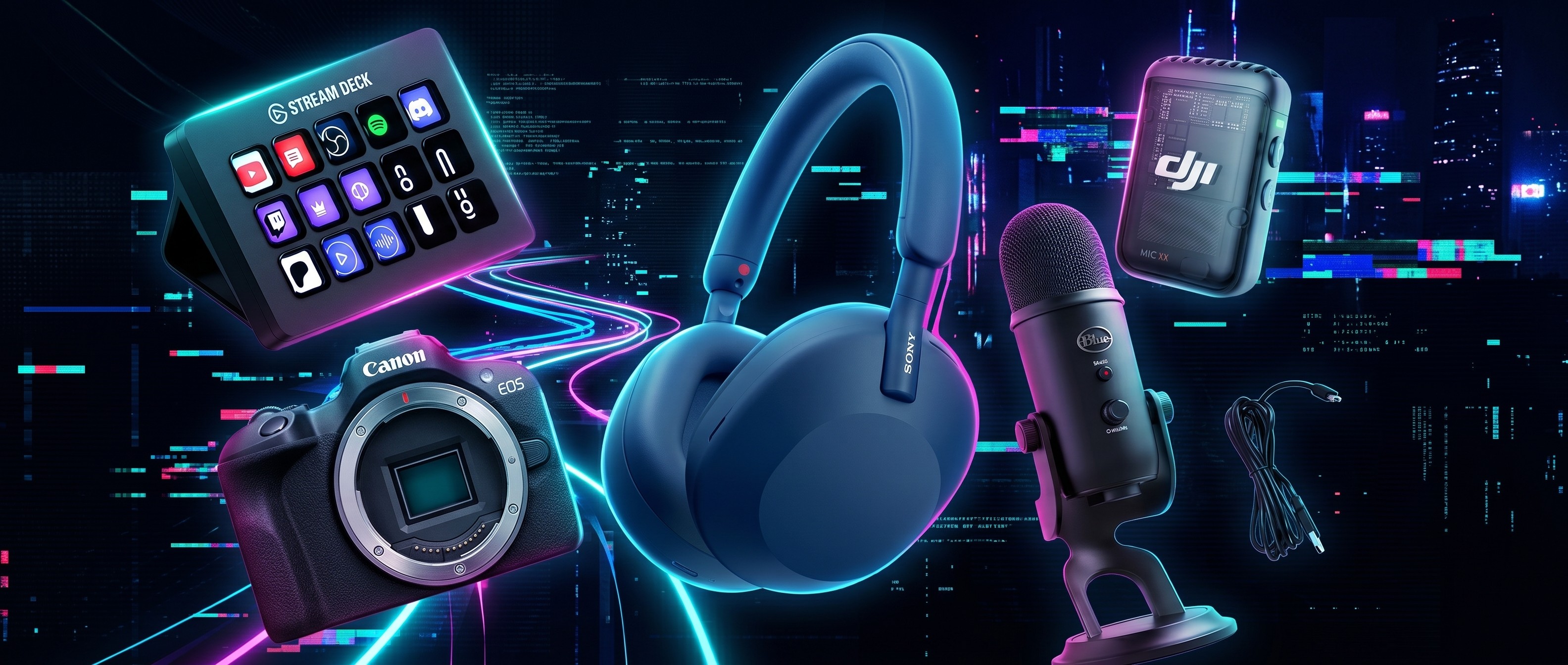 A selection of content creator gadgets against a black background with a purple hue