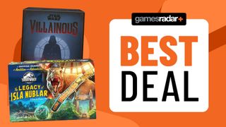 Star Wars Villainous and Jurassic Park Legacy of Isla Nublar on a bright orange background with a best deals badge