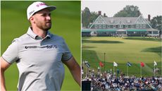Wyndham Clark alongside a picture of the clubhouse at Oakmont Country Club, host of the 2025 US Open