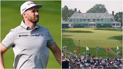 Wyndham Clark alongside a picture of the clubhouse at Oakmont Country Club, host of the 2025 US Open