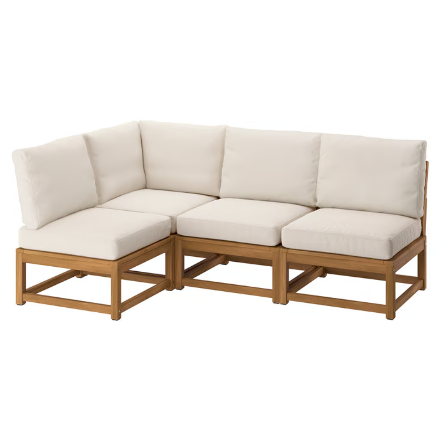 A beige and wood sectional outdoor sofa