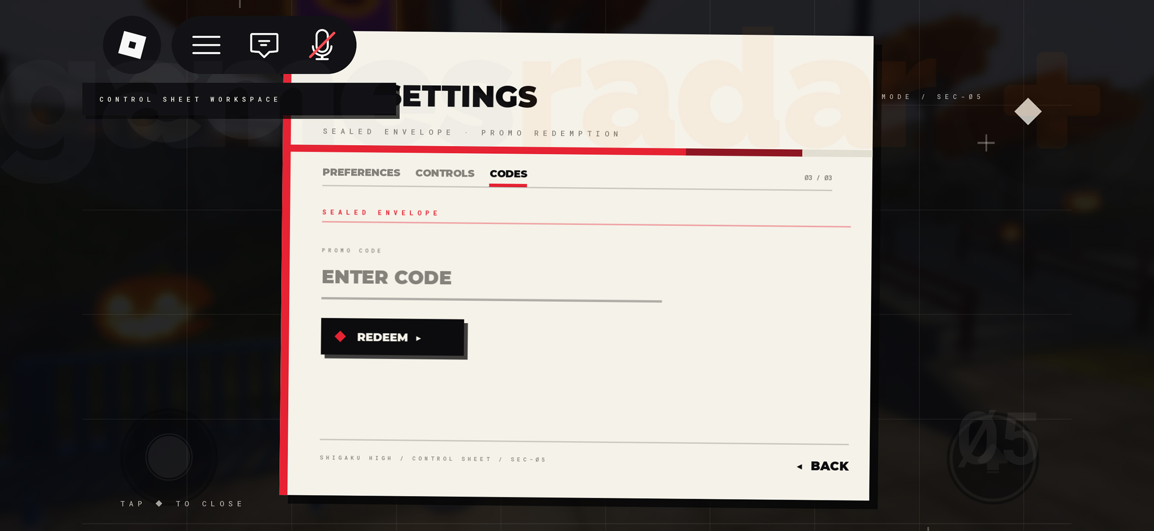 The menu used to redeem Shigaku codes