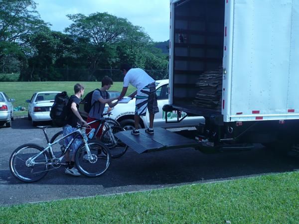 Sam Schultz and Blake Harlan load up their bikes.