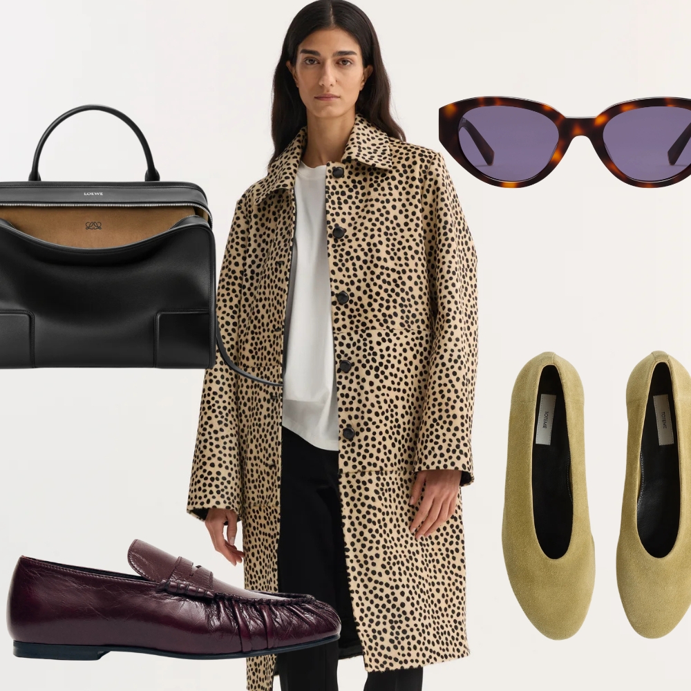 A model wearing a leopard print ponyskin coat from Rohe