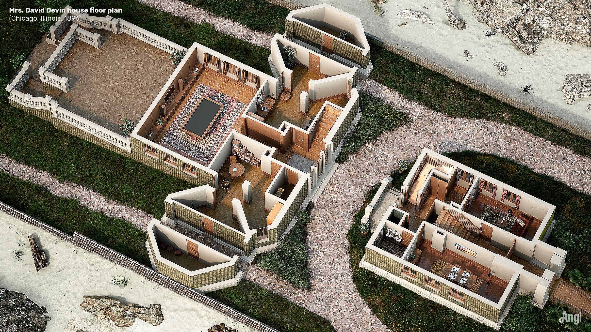 3D Rendering of a house floor plan designed by Frank Lloyd Wright.