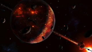A glowing red planet with a beam of fire going diagonally through it with a ball of light in the bottom right corner