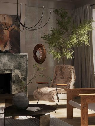 a corner of a living room with a tree