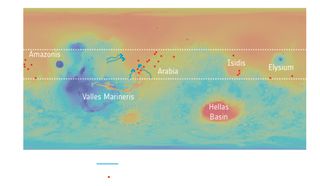 The red dots in this image mark a number of deep craters recently explored as part of a study exploring groundwater on Mars. The reds and oranges indicate lower elevations, and the blues and greens show higher ground.