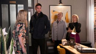 Nick and Leanne look disapprovingly at Toyah as she's arrested by Kit in Coronation Street.