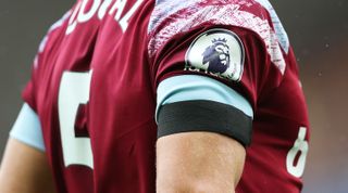 A black armband in seen on the sleeve of Vladimir Coufal of West Ham United as a mark of respect following the death Her Majesty Queen Elizabeth II, during the Premier League match between Everton and West Ham United at Goodison Park in Liverpool, United Kingdom on 18 September, 2022.