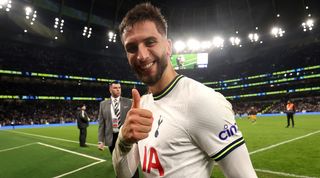 Rodrigo Bentancur celebrates after his two late goals saw Tottenham beat Leeds 4-3 in the Premier League.