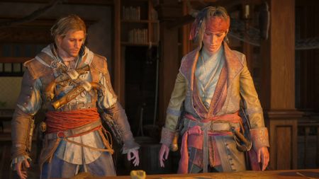 Assassin's Creed Black Flag Resynced screenshot from trailer showing edward kenway and james kidd standing in front of table with a treasure map on it