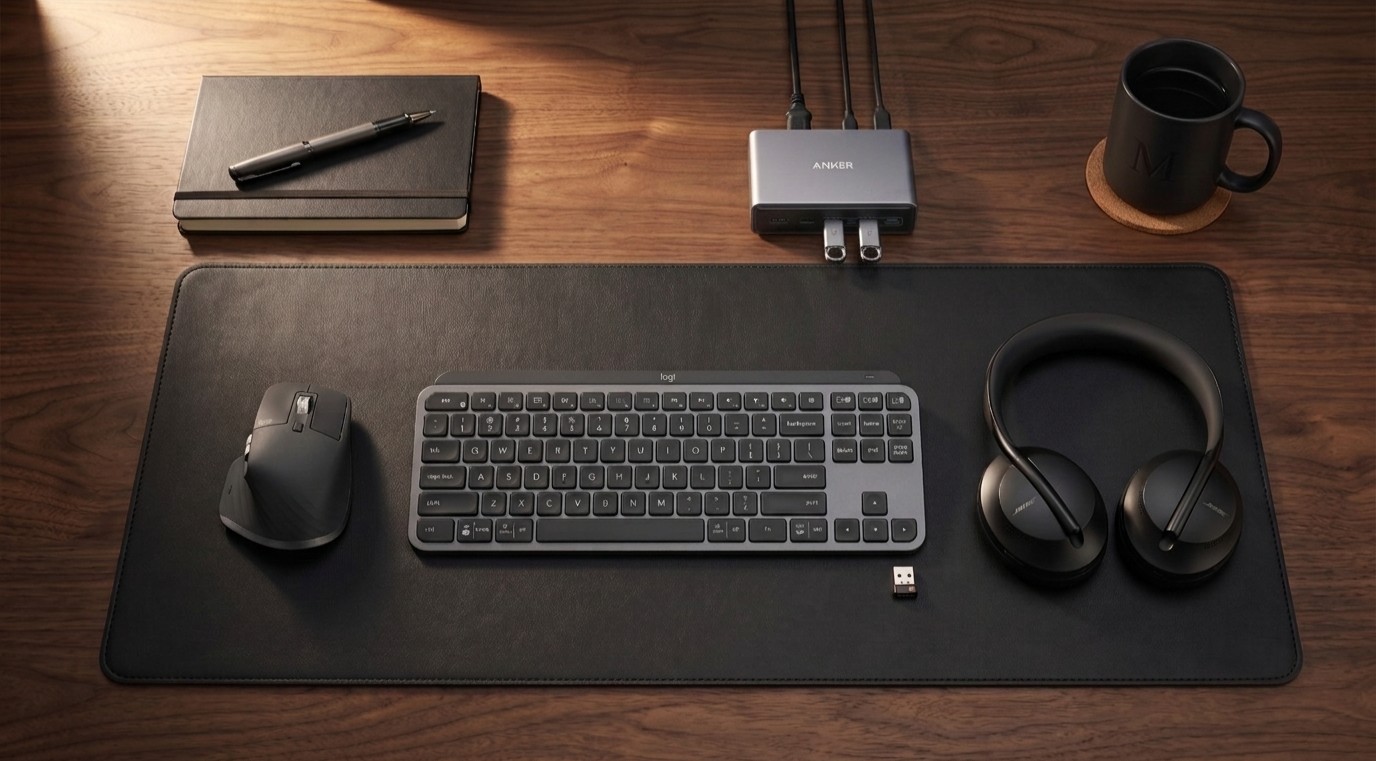 A selection of home office devices on a desk