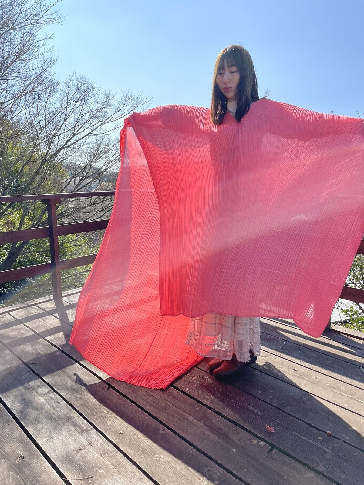Sale Issey Miyake Pleats Please Madam T Coral Pink Shawl, Scarf, With Tags