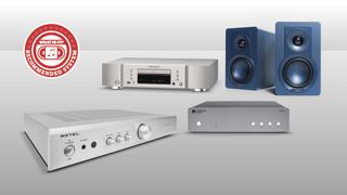 Rotel A* amp, Cambridge MXN10 streamer, Marantz CD6007 CD playerand Dali Kupid speakers against grey background