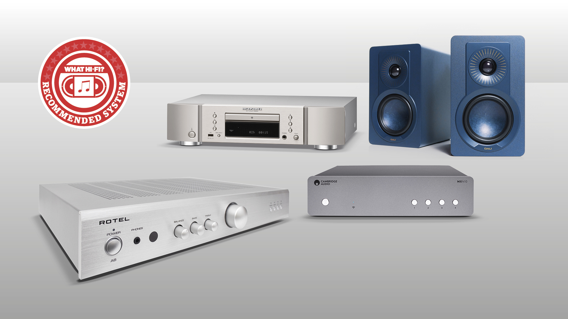 Rotel A* amp, Cambridge MXN10 streamer, Marantz CD6007 CD playerand Dali Kupid speakers against grey background