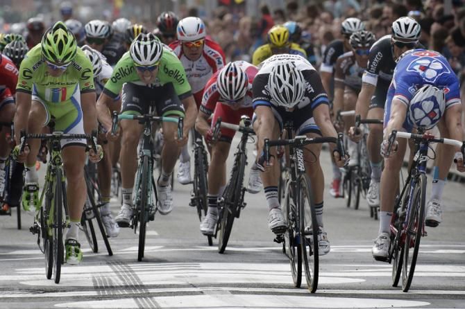 John Degenkolb (Giant-Shimano) won a tight final sprint at Gent-Wevelgem ahead of Arnaud Demare (FDJ.fr) and Peter Sagan (Cannondale)
