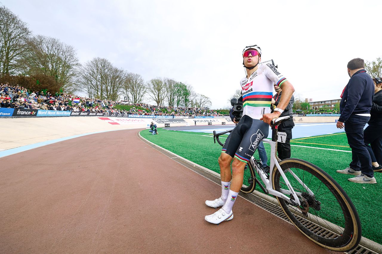 ROUBAIX FRANCE APRIL 07 Mathieu van der Poel of The Netherlands and Team Alpecin Deceuninck celebrates at finish line as race winner in the Roubaix Velodrome Velodrome Andre Petrieux during the 121st ParisRoubaix 2024 a 2597km one day race from Compiegne to Roubaix UCIWT on April 07 2024 in Roubaix France Photo by Etienne Garnier PoolGetty Images