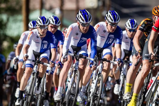 The UnitedHealthcare team stays near the front with only a few laps to go.