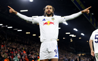Leeds United's English striker #09 Dominic Calvert-Lewin celebrates scoring the team's third goal during the English Premier League football match between Leeds United and Nottingham Forest at Elland Road in Leeds, northern England on February 06, 2026.