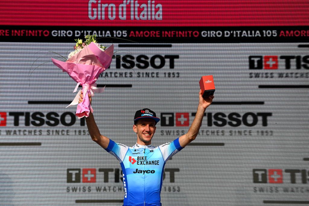 BUDAPEST HUNGARY MAY 07 Simon Yates of United Kingdom and Team BikeExchange Jayco celebrates winning the stage on the podium ceremony after the 105th Giro dItalia 2022 Stage 2 a 92km individual time trial stage from Budapest to Budapest ITT Giro WorldTour on May 07 2022 in Budapest Hungary Photo by Tim de WaeleGetty Images