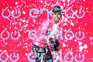 PASSO FEDAIA ITALY MAY 28 Jai Hindley of Australia and Team Bora Hansgrohe celebrates at podium as Pink Leader Jersey winner during the 105th Giro dItalia 2022 Stage 20 a 168km stage from Belluno to Marmolada Passo Fedaia 2052m Giro WorldTour on May 28 2022 in Passo Fedaia Italy Photo by Michael SteeleGetty Images