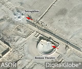 Satellite images showed significant damage to Palmyra's Tetrapylon and Roman theater in January 2017.