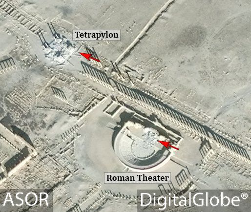 Satellite images showed significant damage to Palmyra&#039;s Tetrapylon and Roman theater in January 2017.