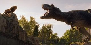 Jurassic World: Fallen Kingdom Rexy roars at a lion