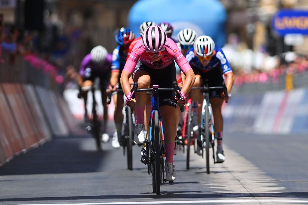 CHIETI ITALY JULY 12 Elisa Longo Borghini of Italy and Team Lidl Trek Pink Leader Jersey sprints at finish line during the 35th Giro dItalia Women 2024 Stage 6 a 159km stage from San Benedetto del Tronto to Chieti 330m UCIWWT on July 12 2024 in San Benedetto del Chieti Italy Photo by Luc ClaessenGetty Images