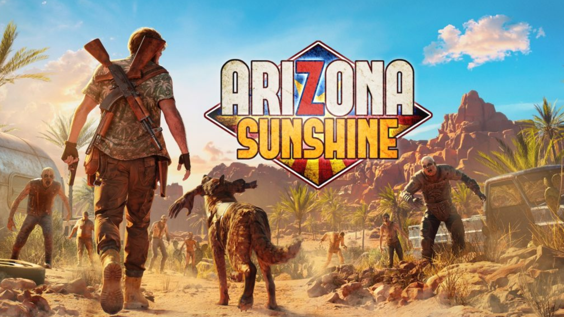 The logo for Arizona Sunshine with the player character and its dog heading towards a desert of zombies