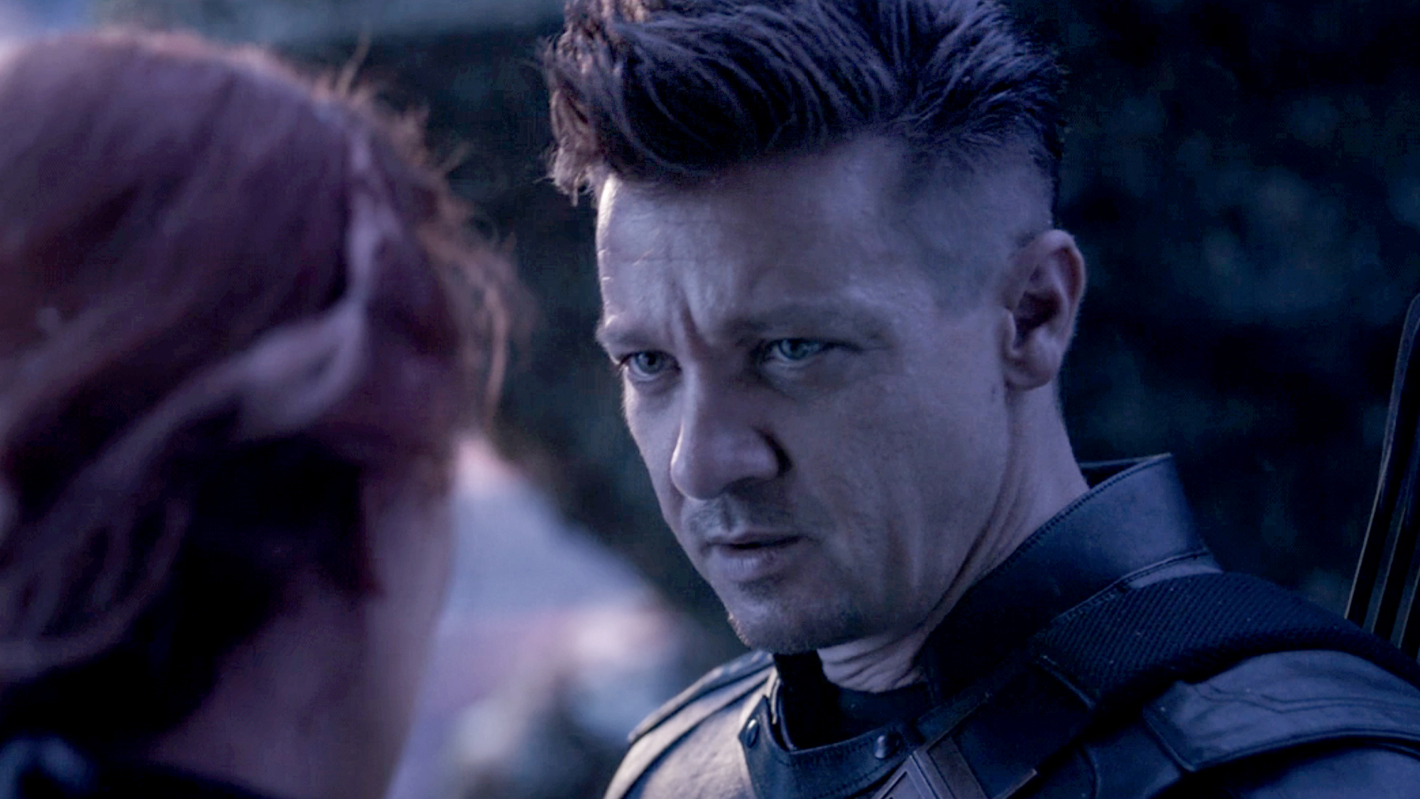 Hawkeye wearing his black suit and mohawk in Avengers: Endgame. 