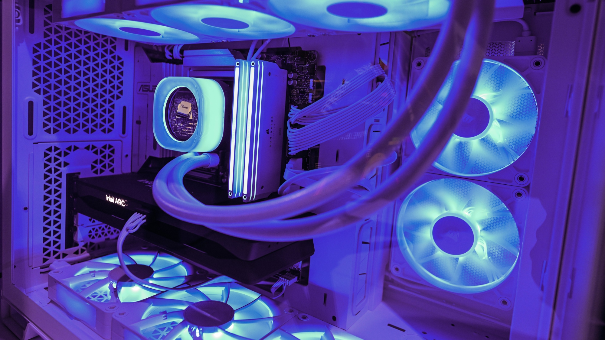 A detailed look at a PC computer equipped with an Intel Core processor, Intel Arc graphics processing units, and CORSAIR Dominator Titanium DDR5 Memory on display at the Consumer Electronics Show (CES) 2025, in Las Vegas, Nevada, USA, on January 8 2025.