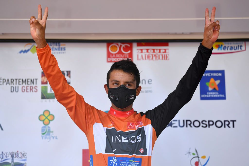 ROCAMADOUR FRANCE AUGUST 04 Podium Egan Bernal of Colombia and Team Ineos Orange Leader Jersey Celebration during the 44th La Route dOccitanie La Depeche du Midi 2020 Stage 4 a 195km stage from Lectoure to RocamadourCauvaldorLot 295m RouteOccitanie RDO2020 on August 04 2020 in Rocamadour France Photo by Justin SetterfieldGetty Images
