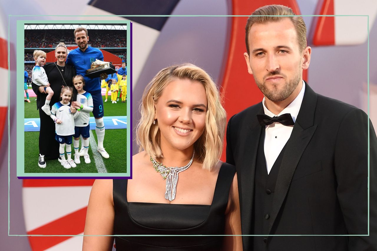 Harry Kane and his wife Katie Goodland main image with drop in image of the couple with their children Vivienne, Ivy and Louis