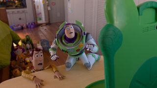 Buzz and Woody looking shocked as they confront the Lilypad device
