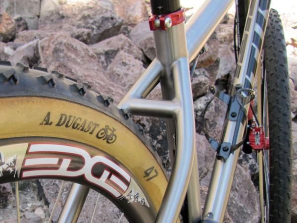 The show bike is built with 47mm-wide Dugast tubulars but the stays have plenty of room for wider rubber.
