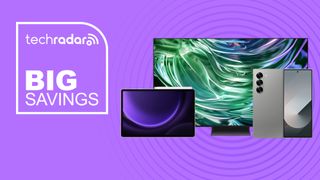 Samsung tablet, Galaxy Z Fold 6, and TV on purple background with big savings text overlay