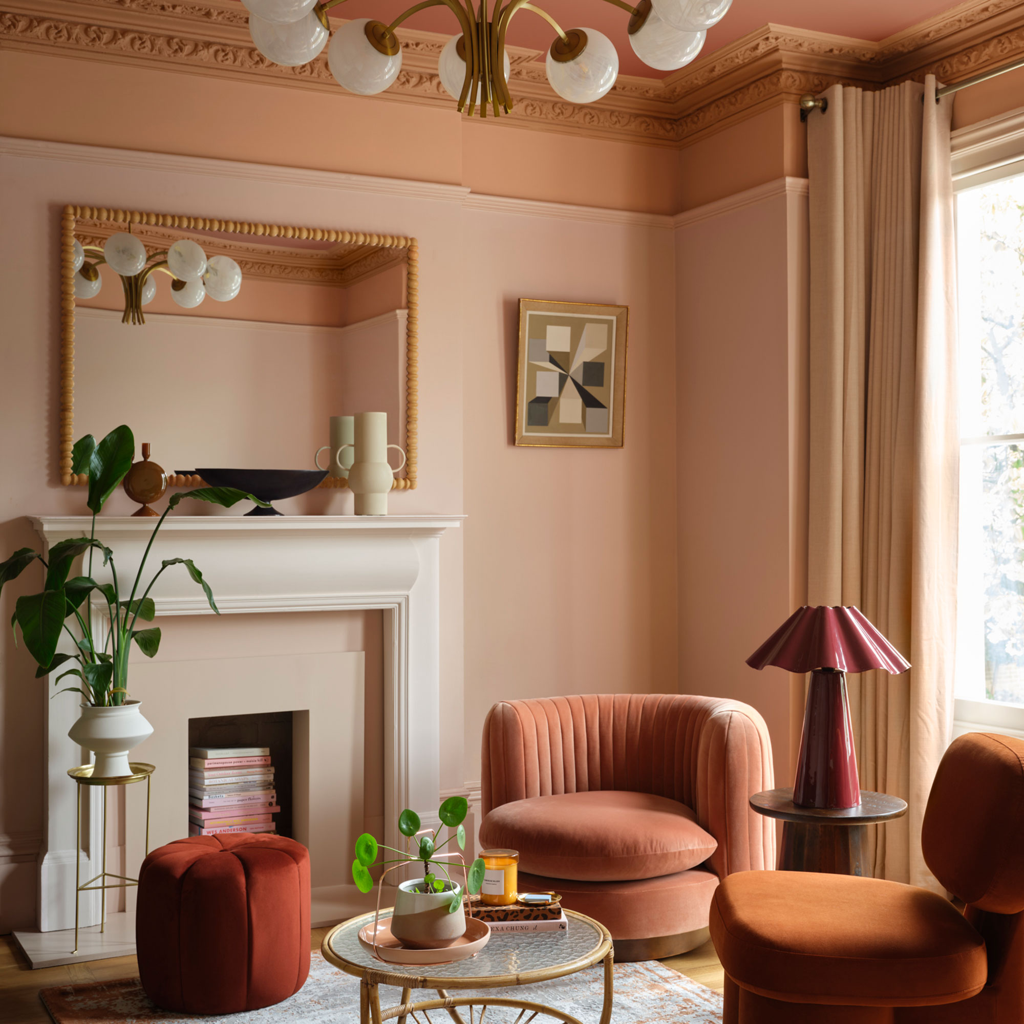 Peach living room with two toned painted walls