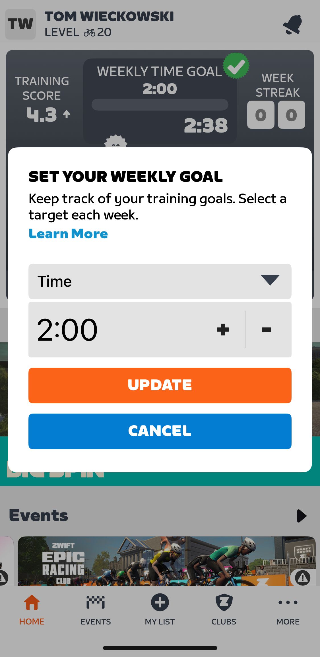 A screengrab from the Zwift companion app