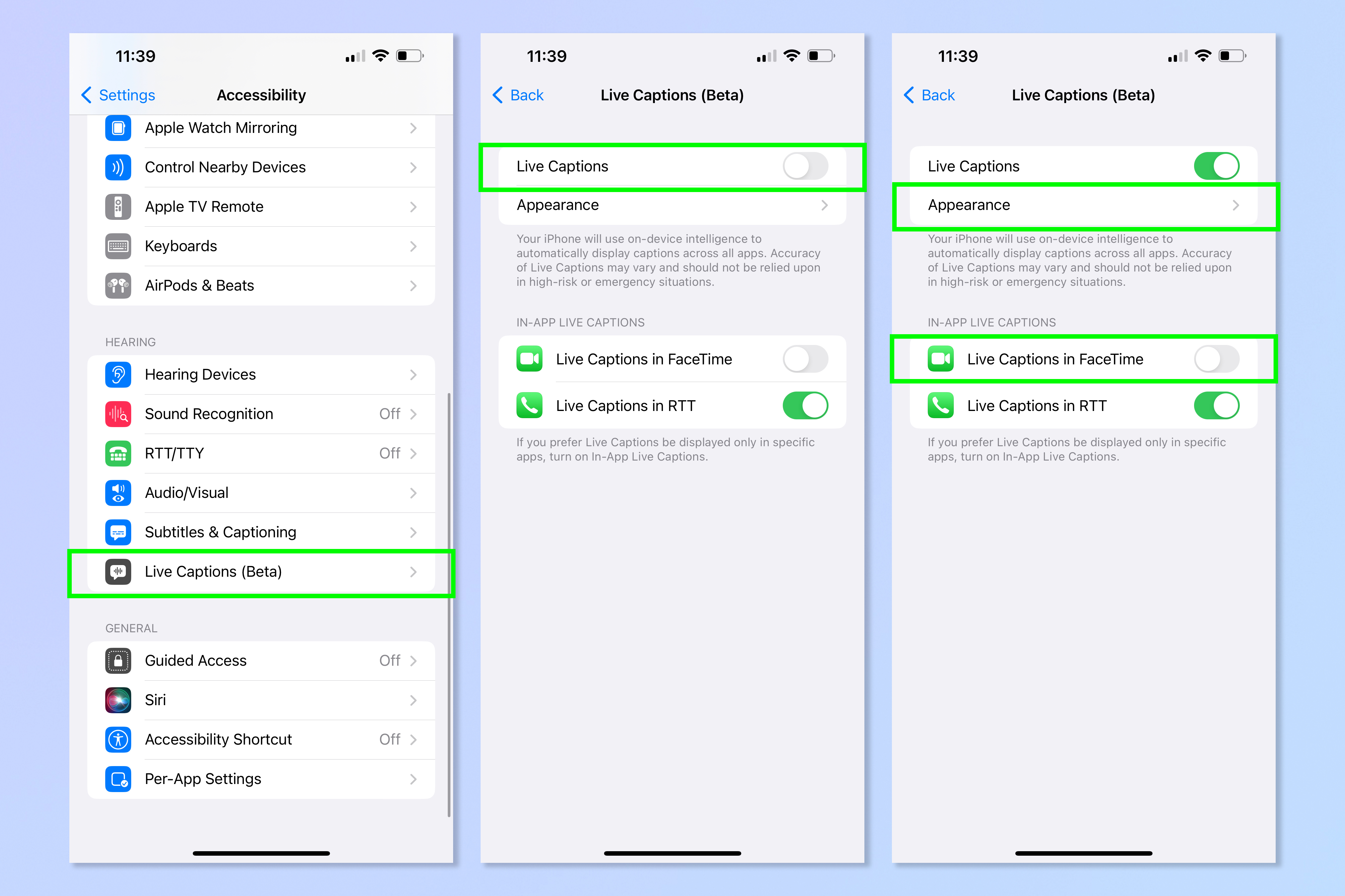 Скриншоты, показывающие шаги, необходимые для включения Live Captions в iOS 16