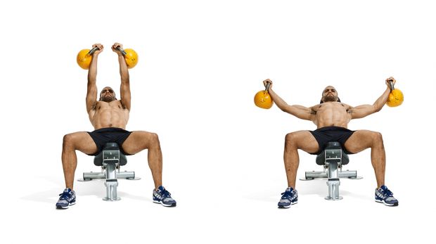 Man demonstrates two positions of the kettlebell flye on an incline bench