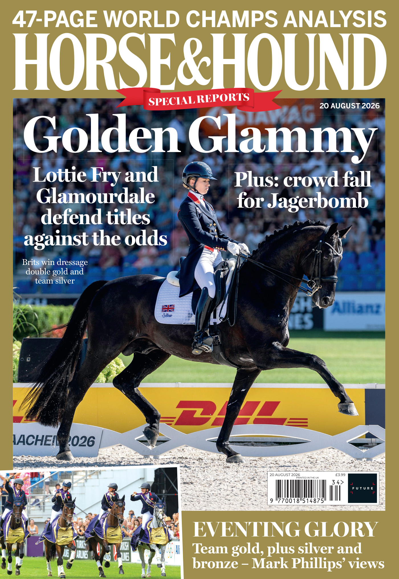 Cover of Horse and Hound featuring a shot of Lottie Fry and the black dressage stallion Glamourdale competing at the 2026 FEI World Championships