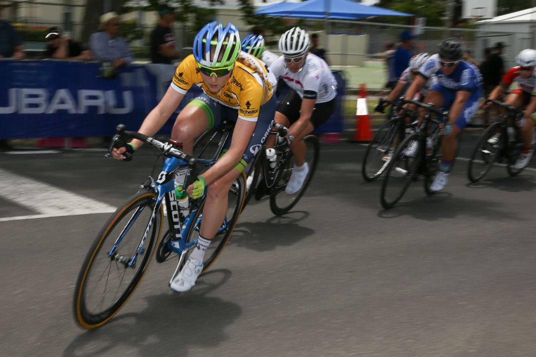 Gracie Elvin (Orica AIS) leads the women's peloton