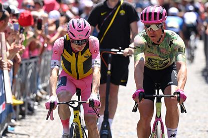 VOGHERA, ITALY - MAY 24: (L-R) Jonas Vingegaard of Denmark and Team Visma | Lease a Bike - Pink Leader Jersey and Michael Valgren of Denmark and Team EF Education - EasyPost prior to the 109th Giro d'Italia 2026, Stage 15 a 157km stage from Voghera to Milan / #UCIWT / on May 24, 2026 in Voghera, Italy. (Photo by Dario Belingheri/Getty Images)